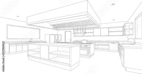 Commercial kitchen interior architectural sketch with island and exhaust hood for restaurant design planning vector illustration