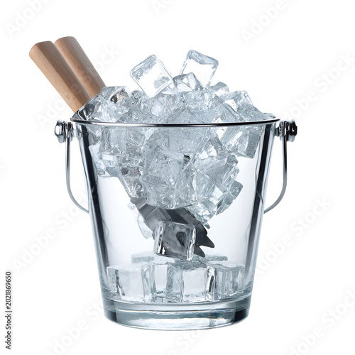 Ice bucket with globe sculpture and wooden spoon filled with ice cubes