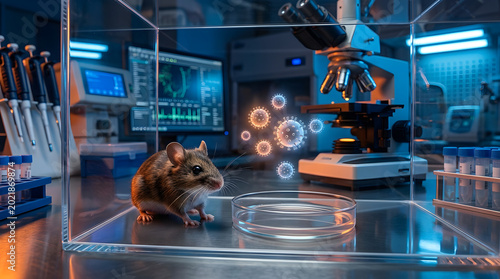 mouse in laboratory with petri dish and microscope