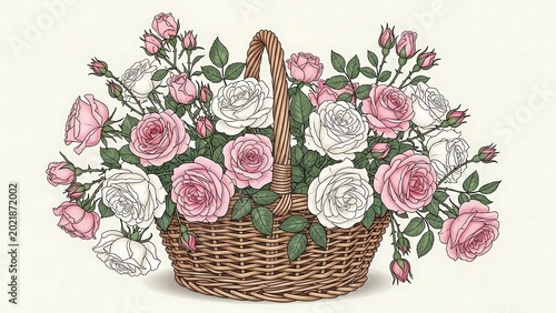 Vintage Basket Overflowing with Pink and White Roses.