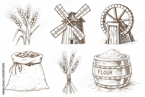 Cuadro en lienzo vintage agricultural engravings of wheat windmills and flour