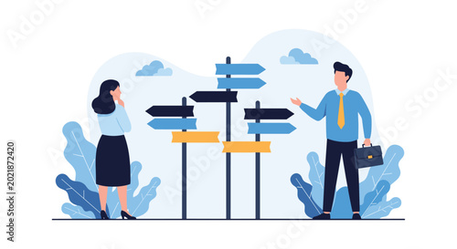 Two professional colleagues standing in front of a complex signpost with multiple arrows and directions considering their next strategic move.