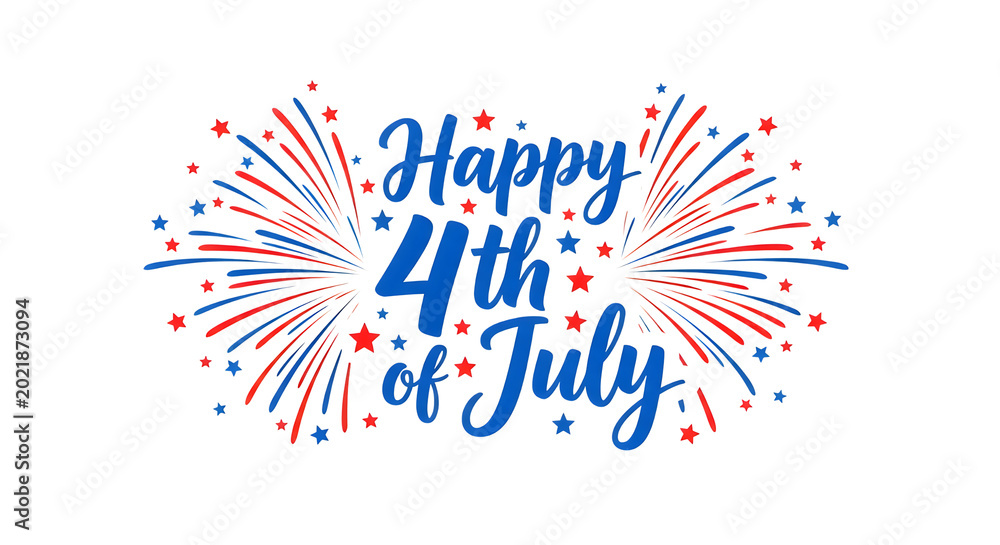 Obraz premium Happy 4th of July text with red and blue fireworks isolated on transparent background for holiday celebration