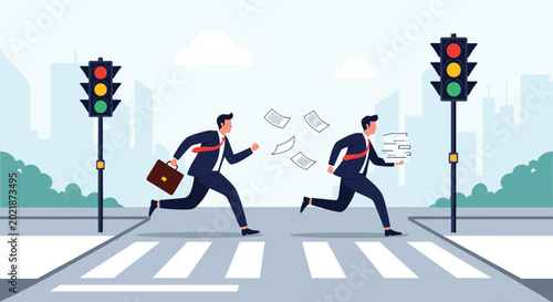 Two businessmen in a hurry running across a pedestrian crosswalk between traffic lights while one of them drops some papers on the street.
