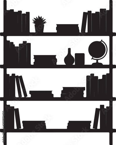 Black silhouette of bookshelf with books and decorative