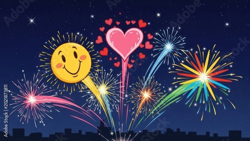 Celebratory nightscape showcasing a joyful sun, a heart motif, and vibrant fireworks display