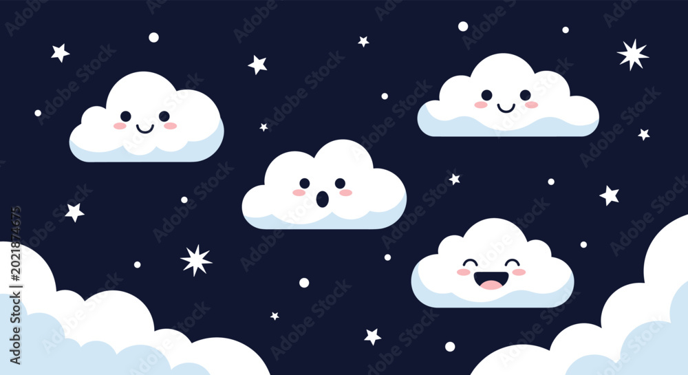 Naklejka premium Collection of cute white clouds with various facial expressions floating in a dark night sky filled with bright white stars.