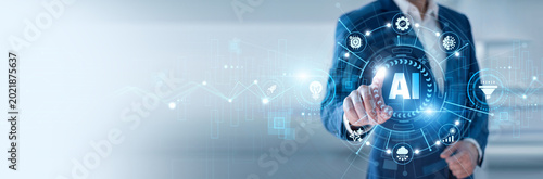 Εκτύπωση καμβά Artificial intelligence engineer pointing at AI and networking machine learning