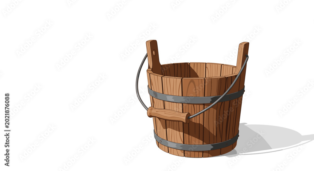 Obraz premium Old fashioned wooden bucket with metal rings and a sturdy handle standing on a white surface with a soft shadow.
