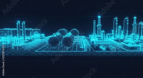 Digital Twin of Industrial Oil Refinery Plant with 3D Wireframe Mesh Glowing Blue on Dark