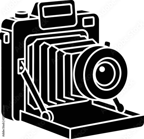 Vintage Folding Camera Icon Silhouette Isolated on White Background for Graphic Design