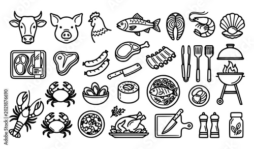 Photos SEO Title:
Meat and seafood editable line icon pack butcher food outline vector