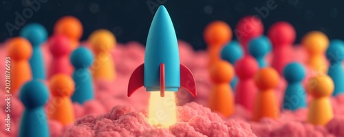 Vibrant blue rocket ascends from cloud of pink material, surrounded by diverse group of colorful pawn like figures, representing successful business launch and forward momentum.