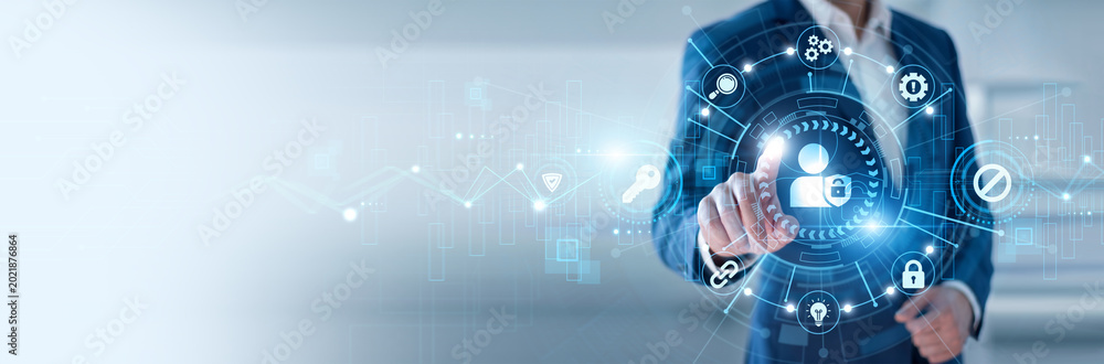 Obraz premium Cybersecurity expert pointing at Privacy and networking data protection systems, user identity security, encryption technologies, personal information safety, digital trust management