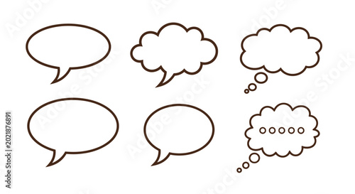Set of six empty speech and thought bubbles with dark brown outlines in various oval and cloud-like shapes for comics.