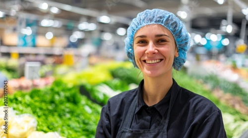 Smiling Grocery Store Employee Wearing Hairnet in Fresh Produce Section Surrounded by Lush Vegetables and Greens