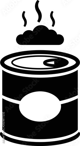 Black and White Vector Icon of a Hot Canned Food Container with Rising Steam
