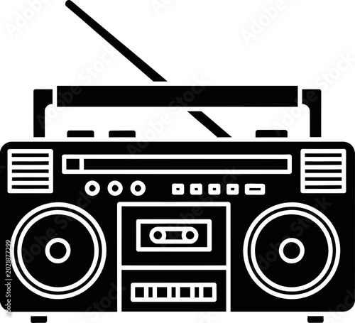 Retro Black and White Boombox Radio Icon Vector Illustration Isolated on White Background