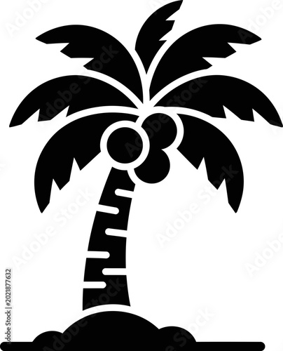 Black and white silhouette of a tropical coconut palm tree isolated on white background