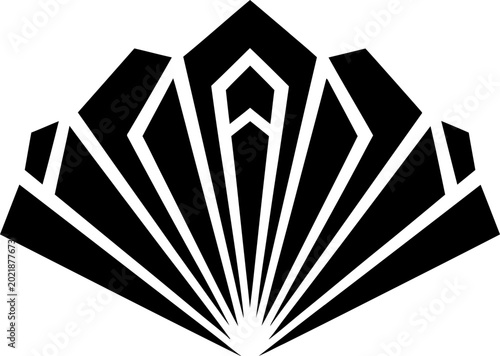 Abstract black geometric fan shape icon or symmetrical crown symbol isolated on white background