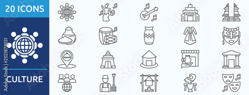 culture
- Icon Collection. Thin outline Set contains such Icons as traditional dance, folk music, heritage building, ancient temple, traditional food
 and more. Simple web icons set
