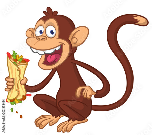 Photography Cartoon funny monkey chimpanzee holding falafel or kebab in his hands