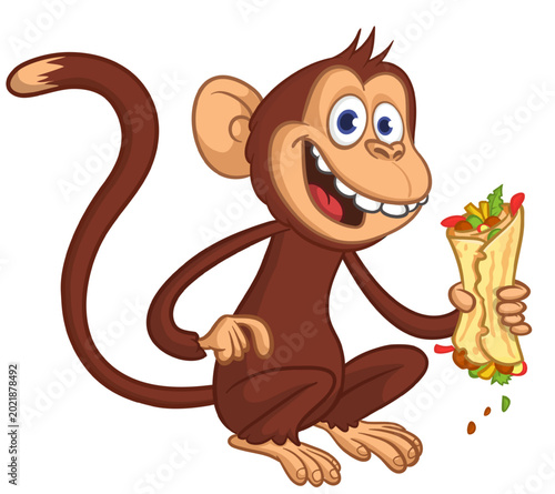 Canvas Print Cartoon funny monkey chimpanzee holding falafel or kebab in his hands