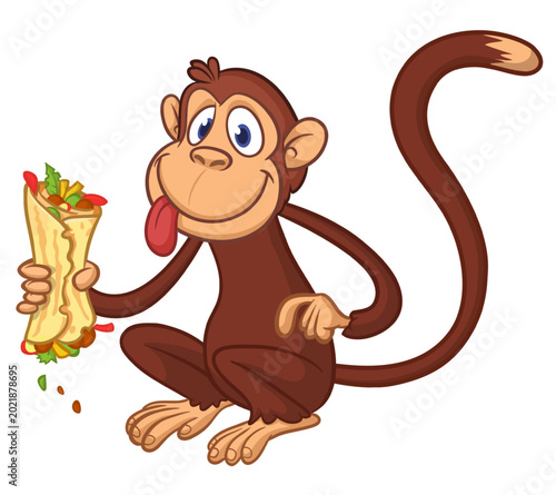Canvas Print Cartoon funny monkey chimpanzee holding falafel or kebab in his hands