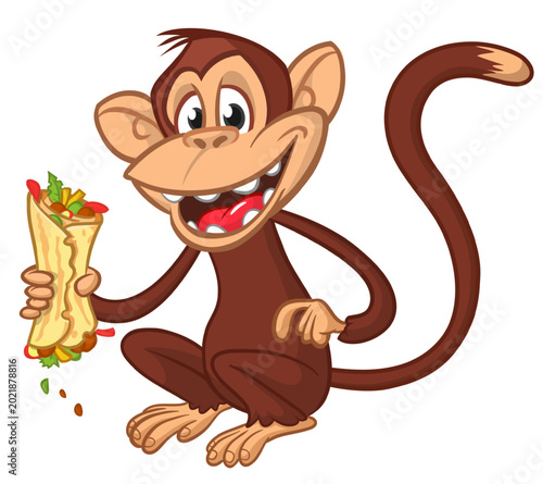 Canvas Print Cartoon funny monkey chimpanzee holding falafel or kebab in his hands