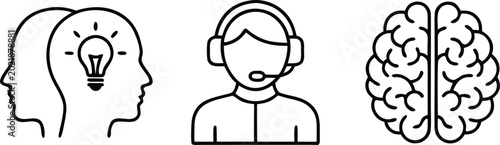 Set of minimalist vector line icons representing creative ideas, customer support communication, mental health, neurology, and cognitive brain functions