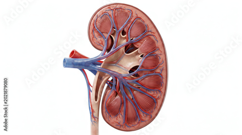Anatomical illustration of a human kidney in cross-section, highlighting its internal structures and blood vessels
