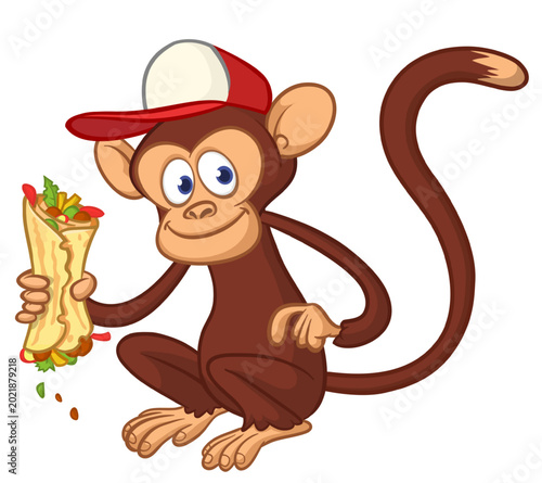 Photography Cartoon funny monkey chimpanzee holding falafel or kebab in his hands