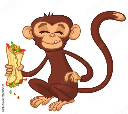 Photography Cartoon funny monkey chimpanzee holding falafel or kebab in his hands