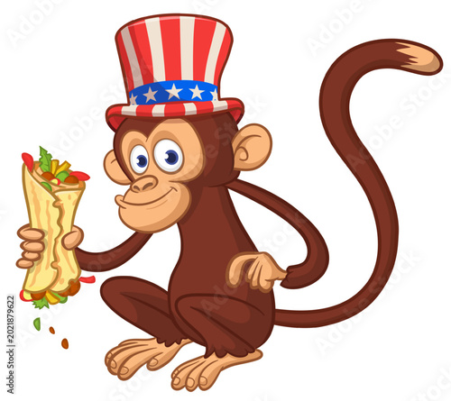 Photography Cartoon funny monkey chimpanzee holding falafel or kebab in his hands