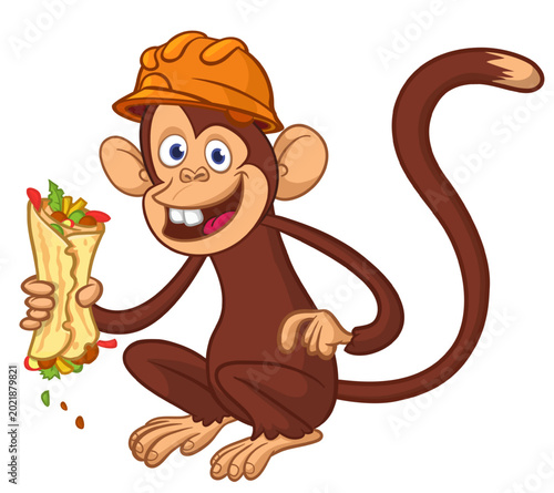 Canvas Print Cartoon funny monkey chimpanzee eating falafel and wears safety helmet