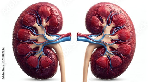 Anatomical illustration of human kidneys with detailed depiction of renal arteries and veins against a white background