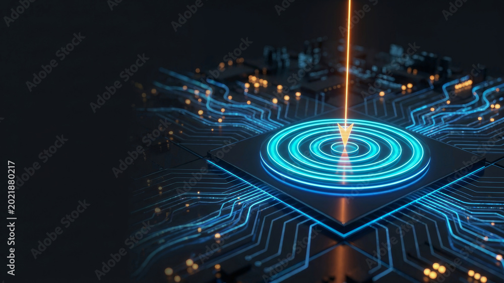 Fototapeta premium Circuit microchip technology laser data network achievement milestone corporate goal. Leadership strategy management. goal objective success, growth progress performance, motivation