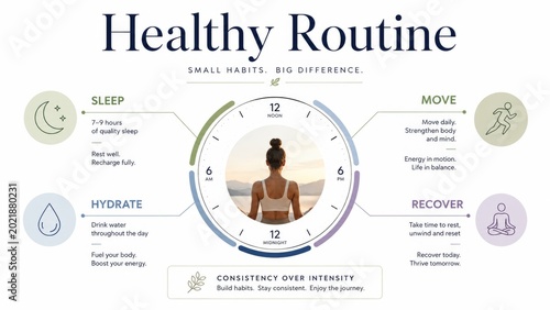 Healthy routine infographic emphasizing sleep, movement, hydration, and recovery for wellbeing and consistency over intensity