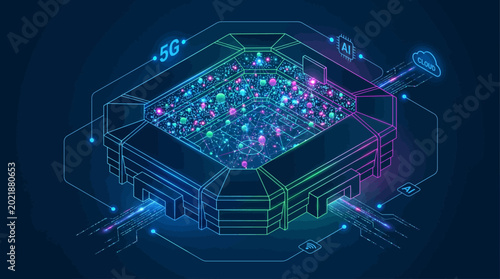 Isometric smart stadium concept with 5G network AI and cloud computing connectivity