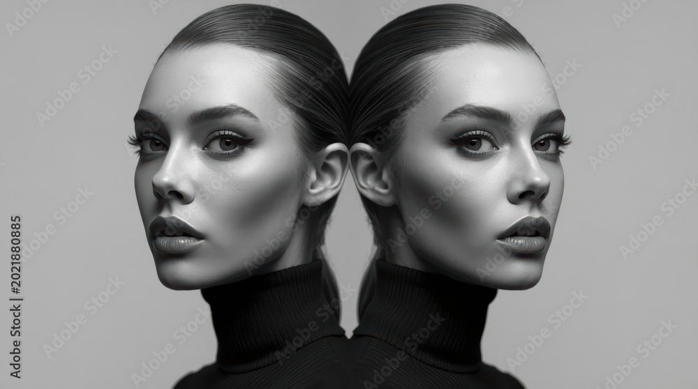 Fototapeta premium Elegant mirrored portrait of woman with sleek hair and dramatic makeup, high fashion mood