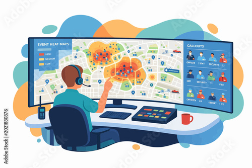 Emergency Dispatcher Monitoring City Events on Ultra Wide Display