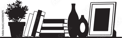 Black silhouette of bookshelf with books plant vases