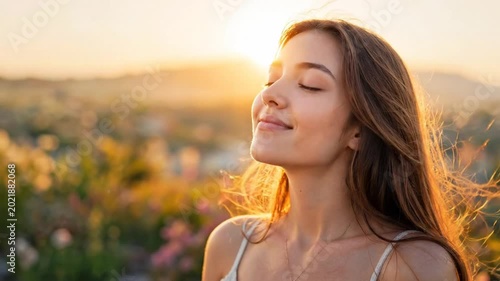 Beautiful Young Woman Enjoying Peaceful Moment at Sunset with Eyes Closed