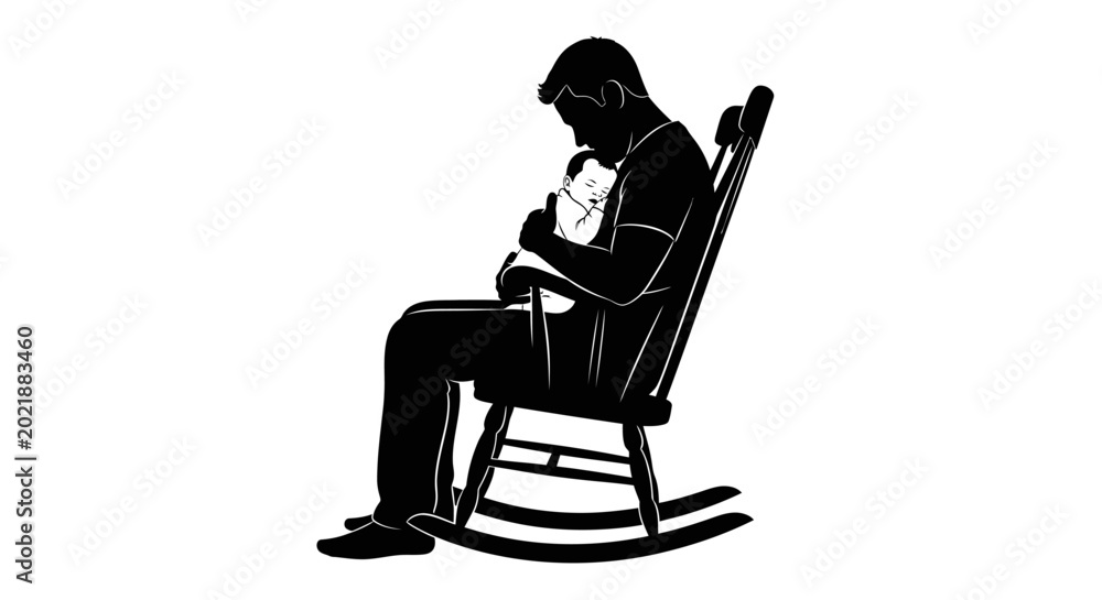 Fototapeta premium Father's Day, Dad, Vector, Black silhouette of father holding baby, sitting in rocking chair, parenting illustration, vector icon , Happy Father's Day