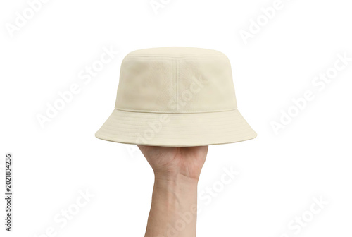 Cream bucket hat mockup isolated on transparent PNG background, stylish fashion accessory template for branding and apparel design