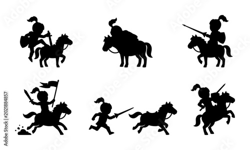 Bild auf Leinwand Medieval Knights on Horseback Silhouette Set, 6 Vector Icons for Fantasy and His