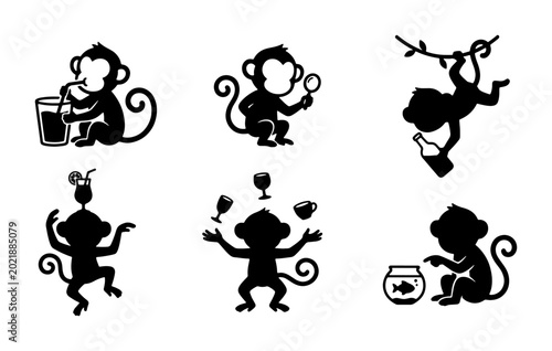 Canvas Print Playful Monkey Silhouettes, 6 Vector Icons Set: Drinking, Juggling, Exploring, S