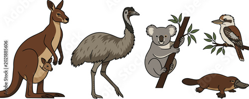 Tableau sur toile Cartoon Style Australian Wildlife Set with Kangaroo, Emu, Koala, Kookaburra, and