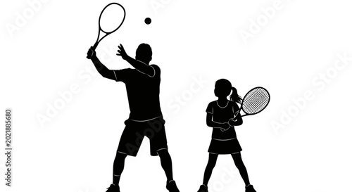 Father's Day, Dad, Vector, Tennis players, black silhouette, dayghter, vector illustration, sports graphics, racket and ball , Happy Father's Day