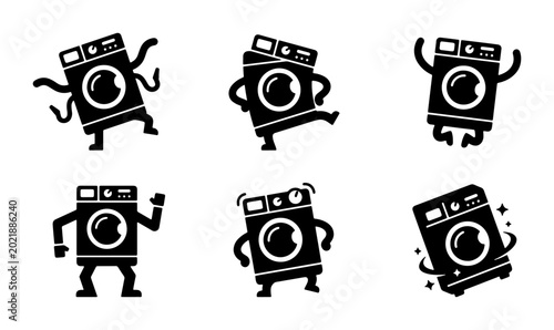 Whimsical Washing Machine Icons, Laundry Appliance Characters, Fun Household Machine Graphics, Set of 6 Black and White Vector Illustrations